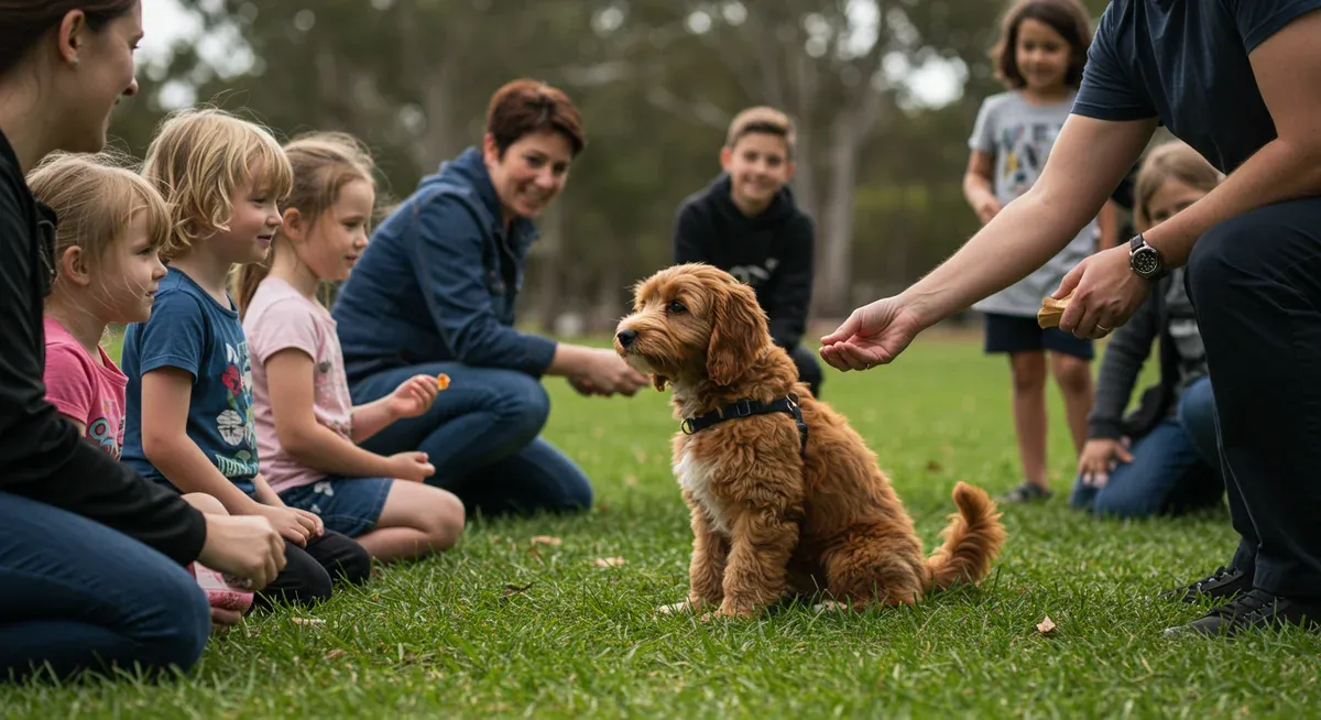 A Cavoodle puppy being gently socialized with different people in a park, showing proper early socialization techniques for building confidence