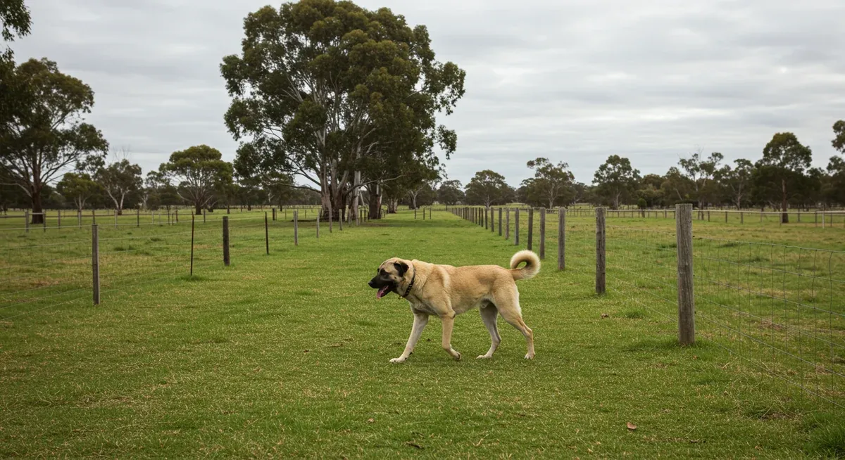 An Anatolian Shepherd patrolling a large fenced property, illustrating the breed's need for substantial space and secure boundaries to satisfy their natural guarding instincts