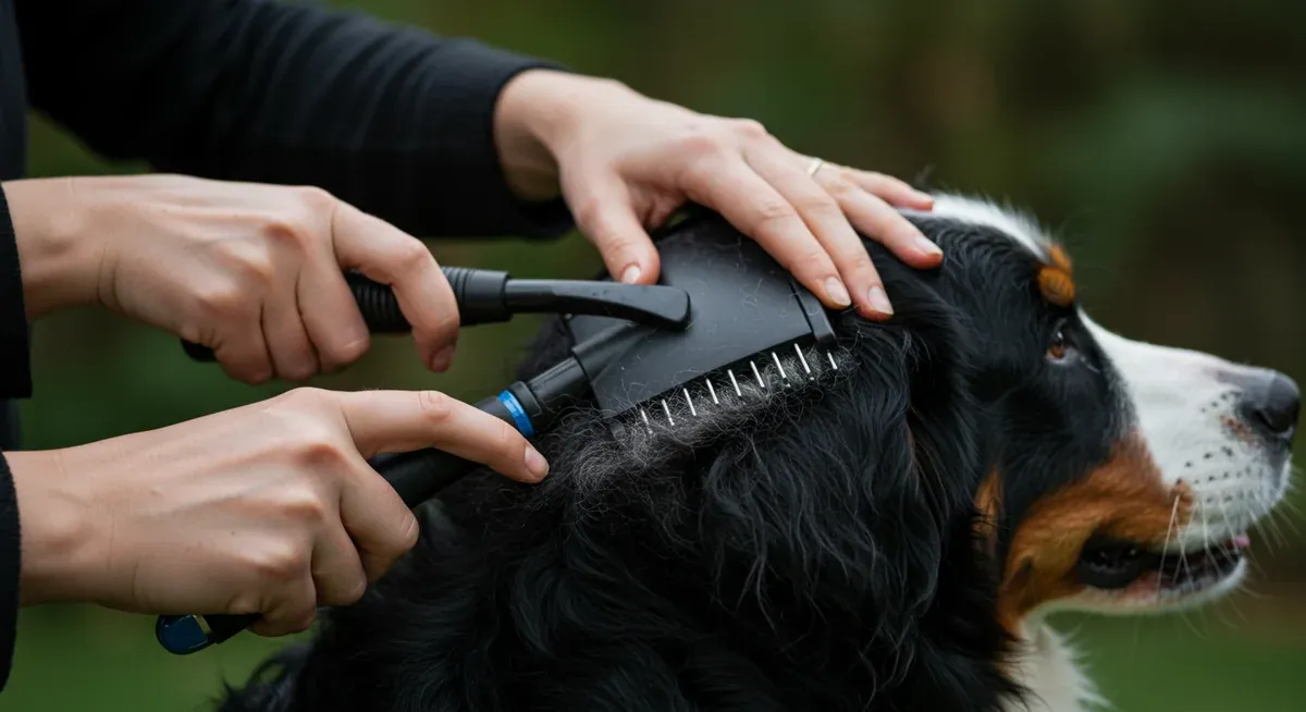 Close-up demonstration of proper brushing technique using an undercoat rake on a Bernese Mountain Dog's thick double coat