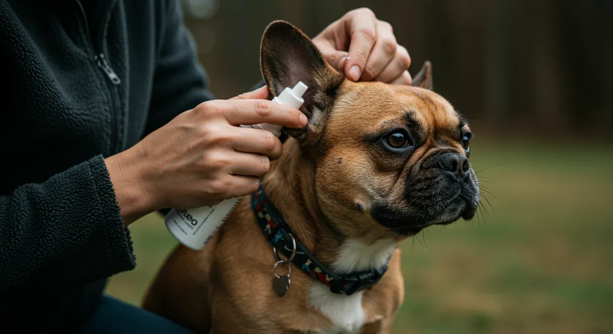 Owner demonstrating proper ear cleaning technique on a French Bulldog, showing gentle handling and correct application of ear cleaner