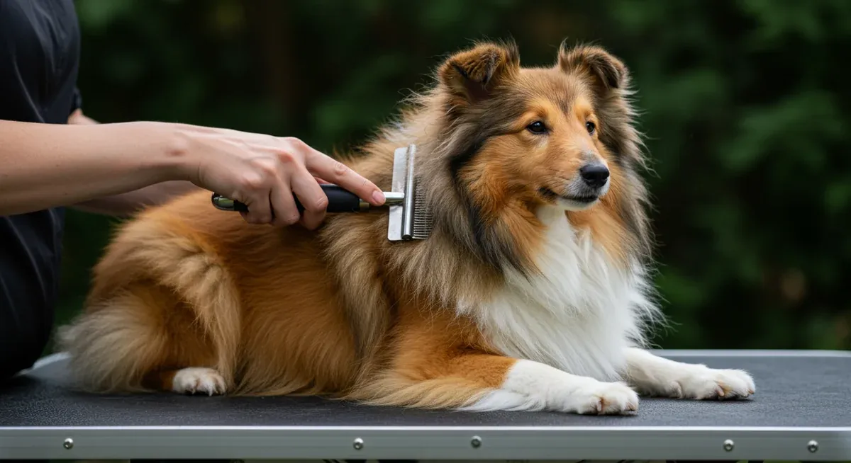 A Shetland Sheepdog being professionally groomed using proper line brushing technique, demonstrating the step-by-step process described in the grooming guide