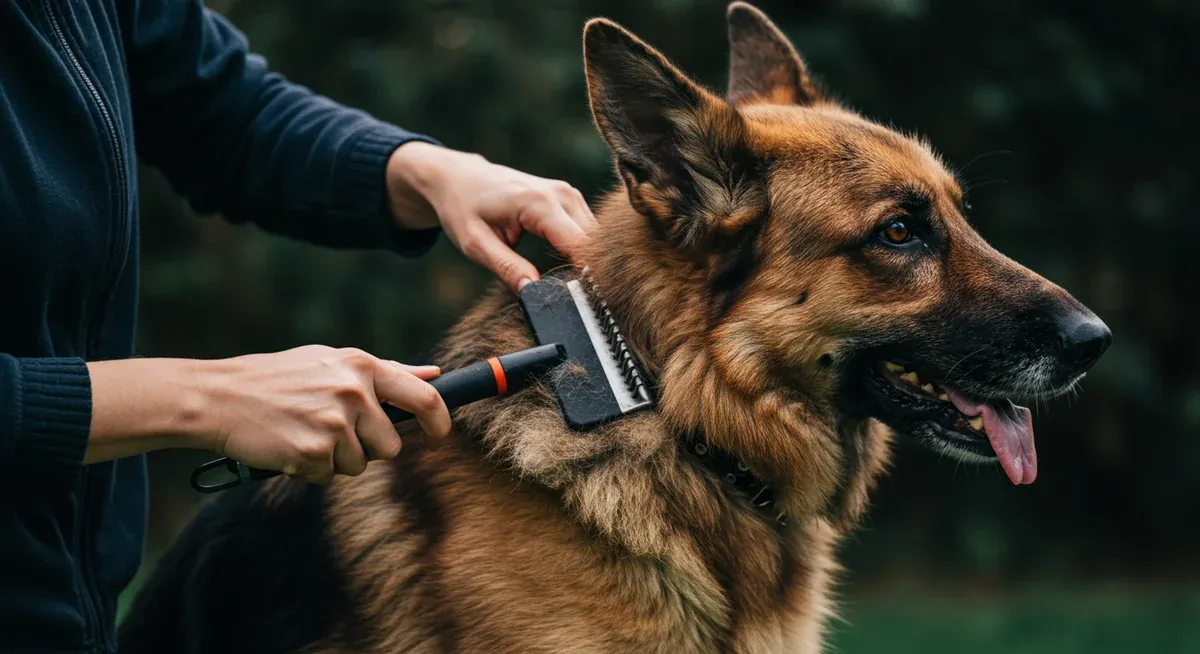 Professional demonstration of proper German Shepherd grooming technique showing person using undercoat rake on dog's coat