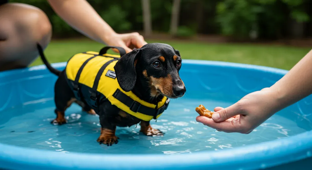 A Dachshund in a life jacket being gently introduced to shallow water during swimming training, showing the gradual approach recommended for the breed