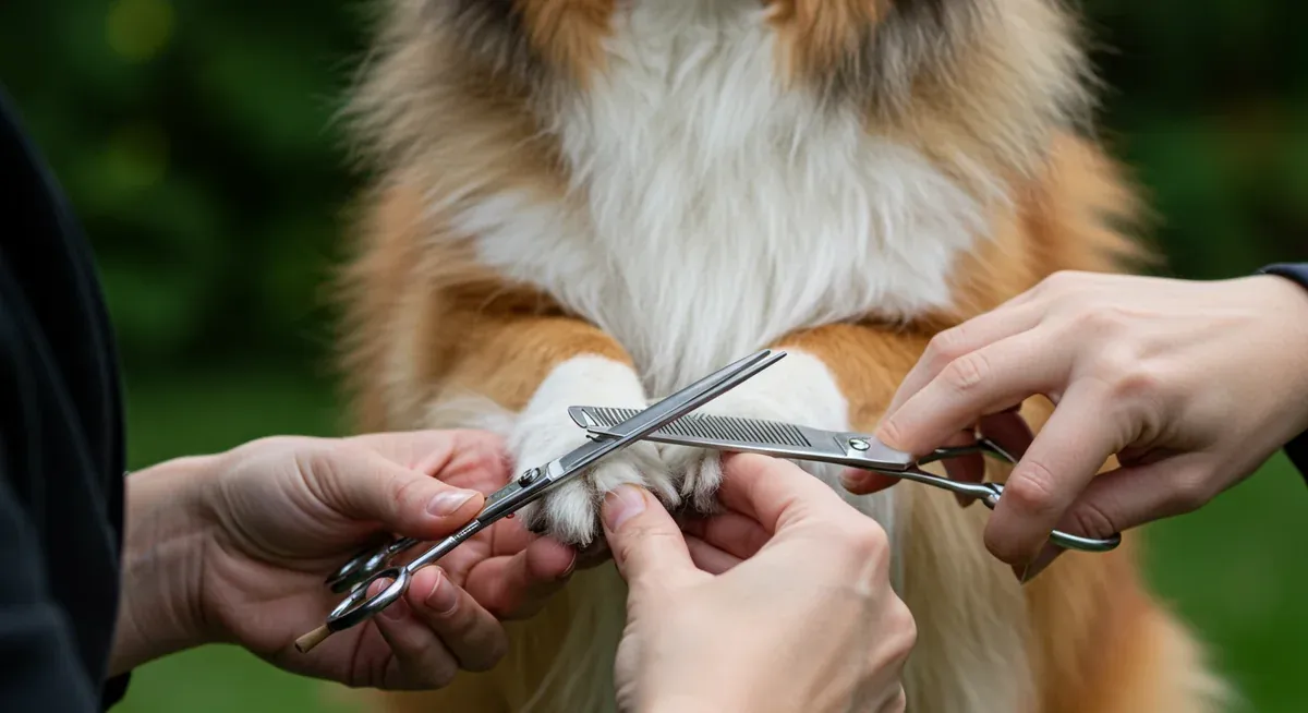 Professional grooming of a Shetland Sheepdog's paw, showing careful trimming of hair between paw pads with scissors