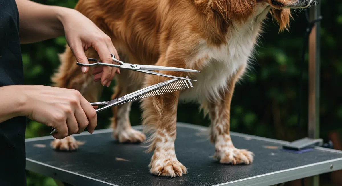Professional groomer trimming the feathered leg hair of a Clumber Spaniel with thinning scissors, demonstrating proper trimming technique for shedding control