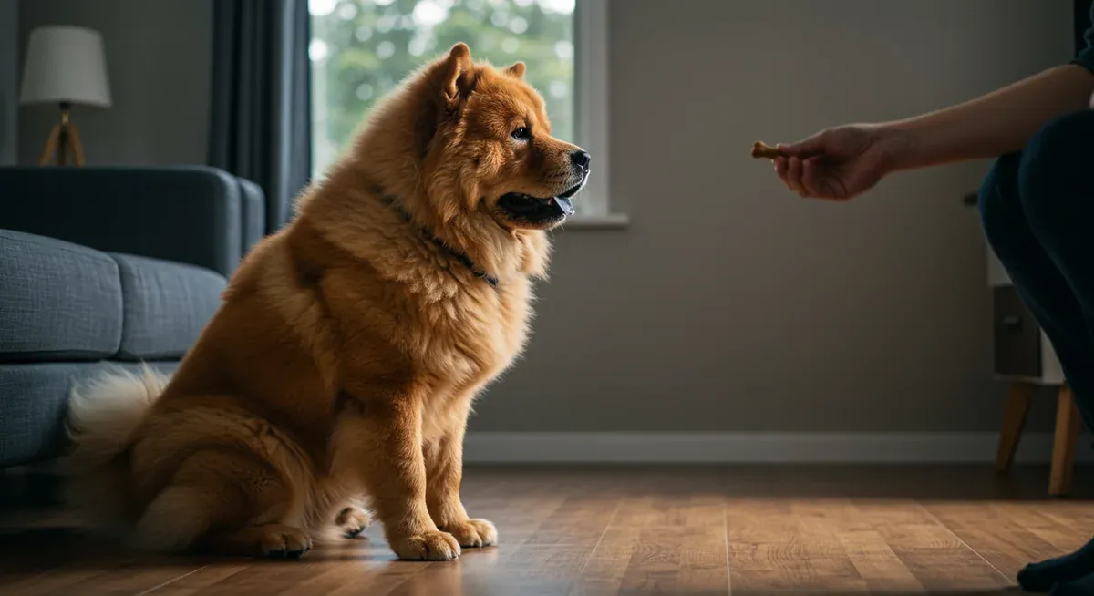 Chow Chow during a structured training session, sitting attentively while owner holds treats, demonstrating the short, focused training approach that works best for the breed