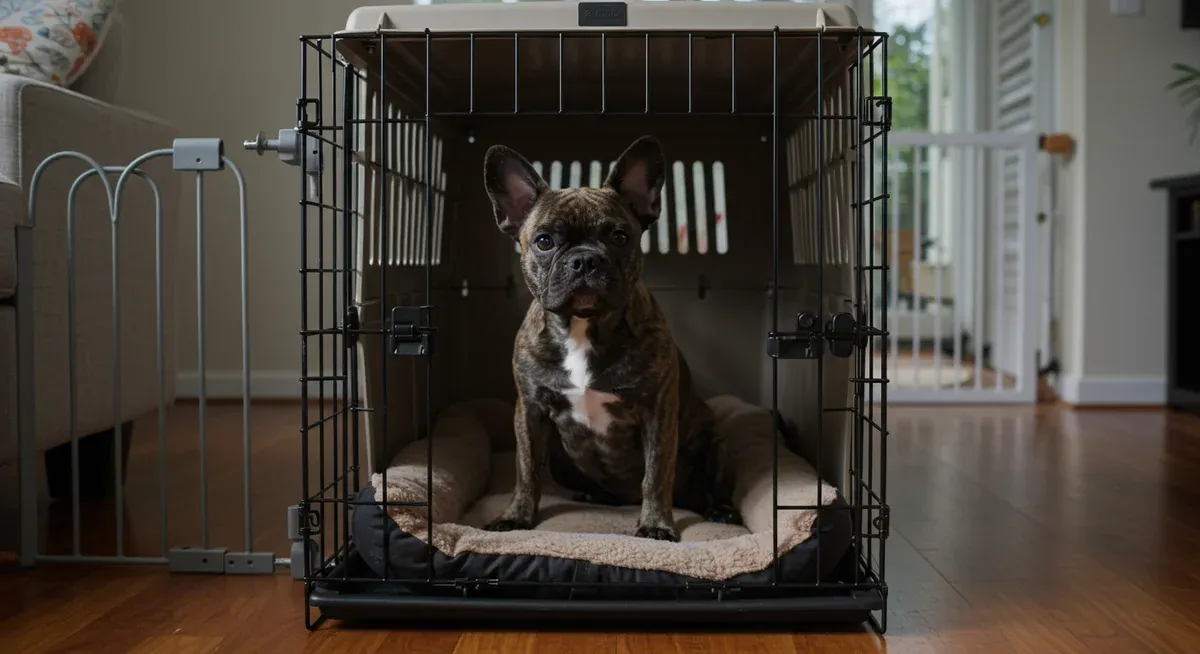 French Bulldog puppy in appropriately sized crate showing proper supervision and confinement training setup