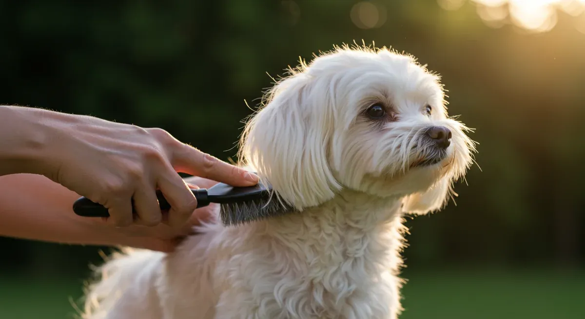 Maltese dog with healthy, silky white coat being groomed, showcasing the benefits of proper nutrition on coat quality and overall health