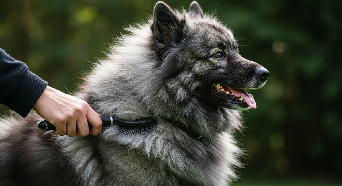 Close-up of a Keeshond's healthy, shiny double coat being brushed, demonstrating the results of proper nutritional support for coat health