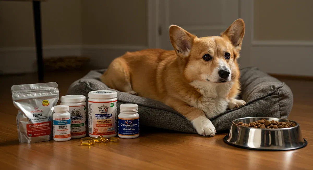 Senior Pembroke Welsh Corgi with joint health supplements and nutritious food, demonstrating nutritional support for aging dogs with joint concerns