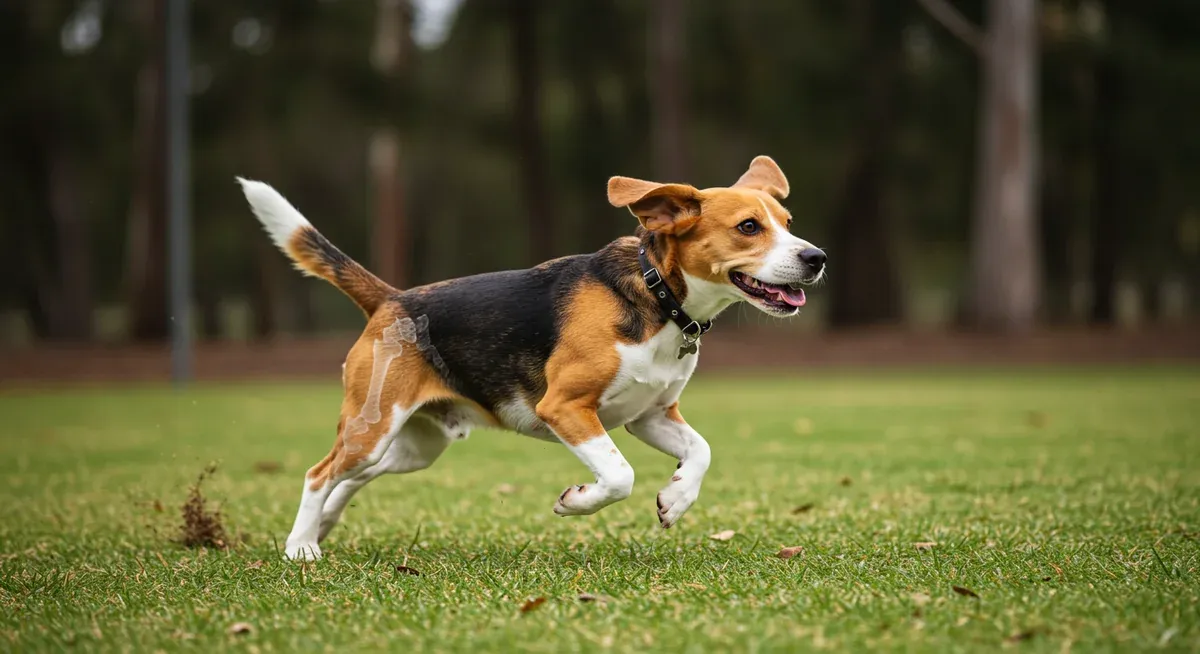 An active Beagle running outdoors showing healthy joint movement and physical condition, illustrating the importance of joint-supporting nutrition for active dogs