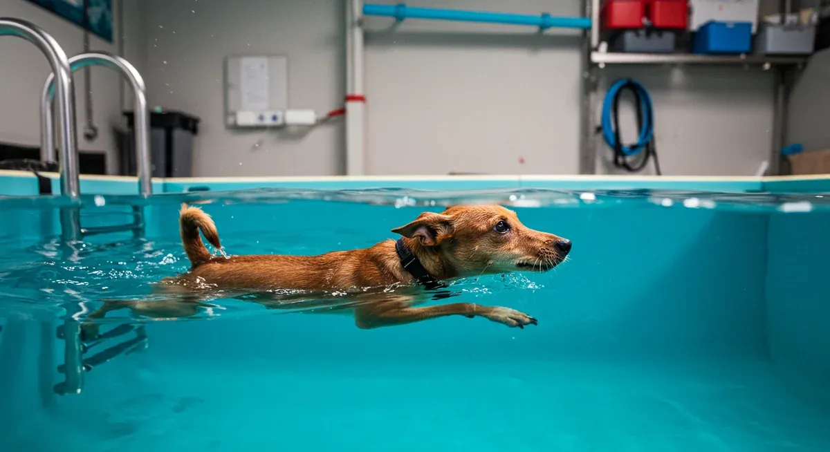 A Rat Terrier swimming in a therapy pool, demonstrating low-impact exercise that supports joint health throughout the breed's life