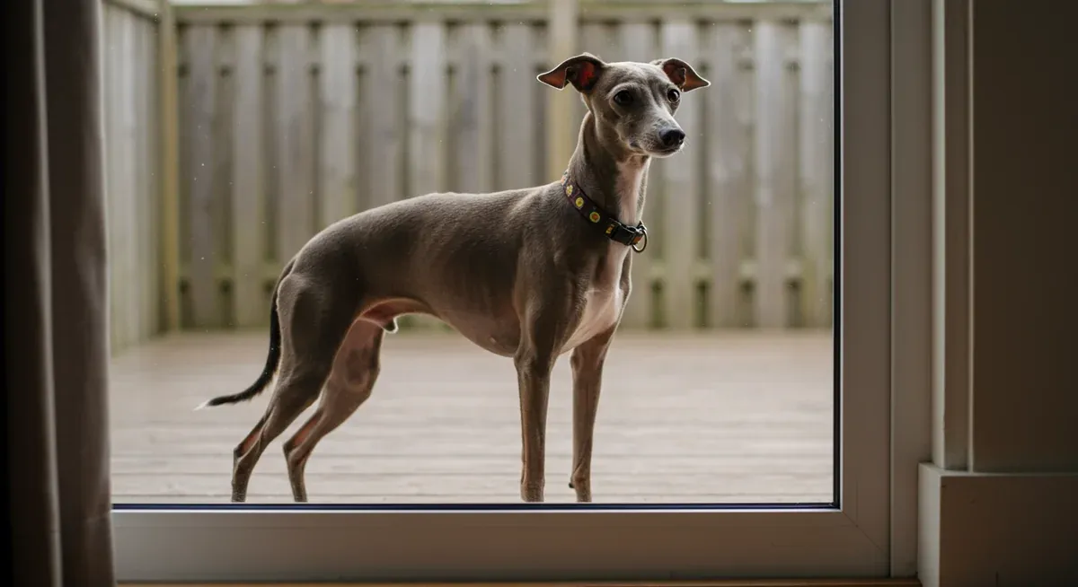 Italian Greyhound displaying alert body language while standing by door, demonstrating the subtle signals owners must watch for during housetraining
