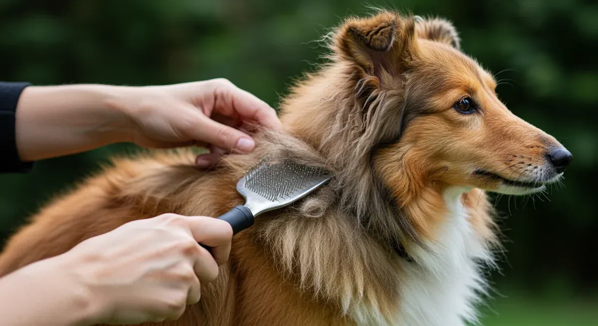 Detailed view of common matting areas on a Shetland Sheepdog being carefully groomed to prevent mat formation