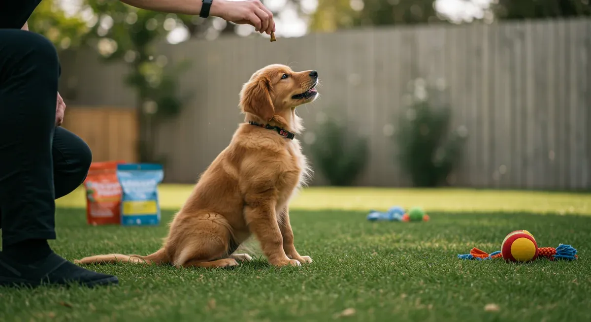 Golden Retriever puppy learning to sit on command with trainer using positive reinforcement treats, showing essential command training techniques