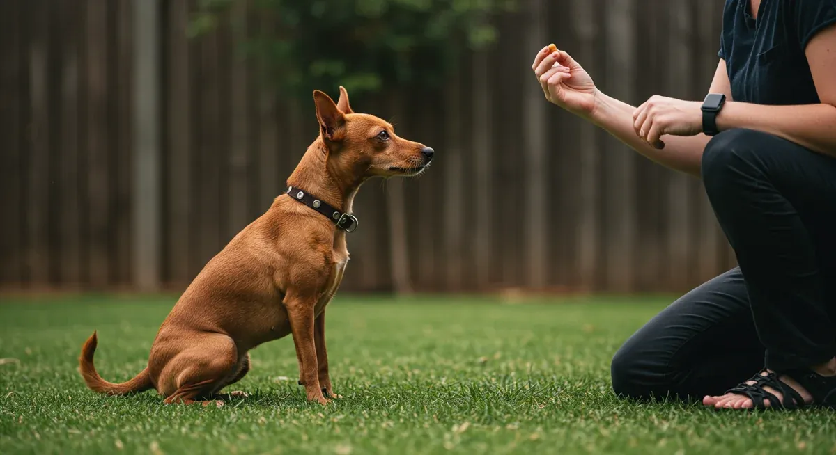 Rat Terrier being trained with positive reinforcement techniques, demonstrating the quiet command training process described for managing excessive barking behavior