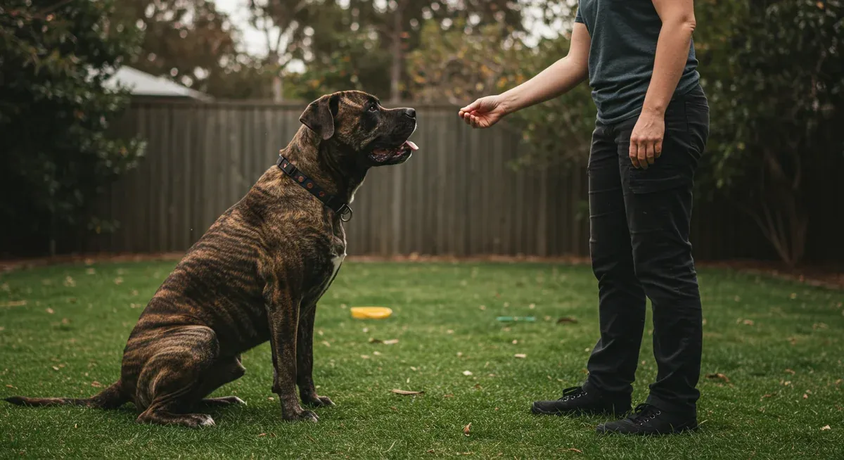 An owner training their Mastiff using positive reinforcement techniques to teach the quiet command, demonstrating proper reward timing