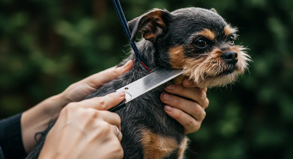 Close-up demonstration of hand stripping technique being performed on an Affenpinscher's coat, showing the specialized method used to maintain proper wire coat texture