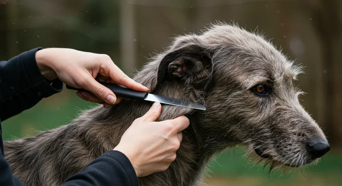 Close-up demonstration of hand-stripping technique being performed on an Irish Wolfhound's coat, showing proper tool usage and coat maintenance method
