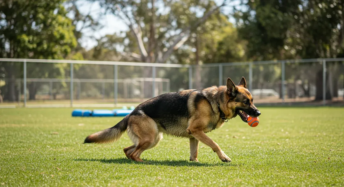 A German Shepherd actively playing fetch with a ball near water, demonstrating the variety of physical activities suitable for the breed's exercise needs