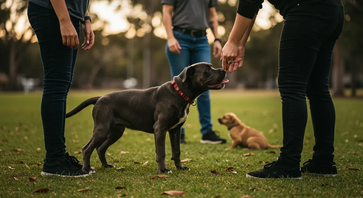 A young Cane Corso puppy being socialized with people in a park setting, illustrating the critical early socialization period discussed in the article