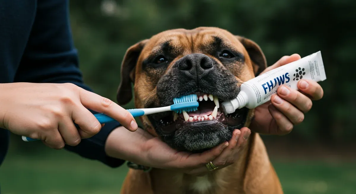 Bullmastiff receiving dental care with someone brushing their teeth using proper dog toothbrush and toothpaste, demonstrating essential oral hygiene practices for managing drooling