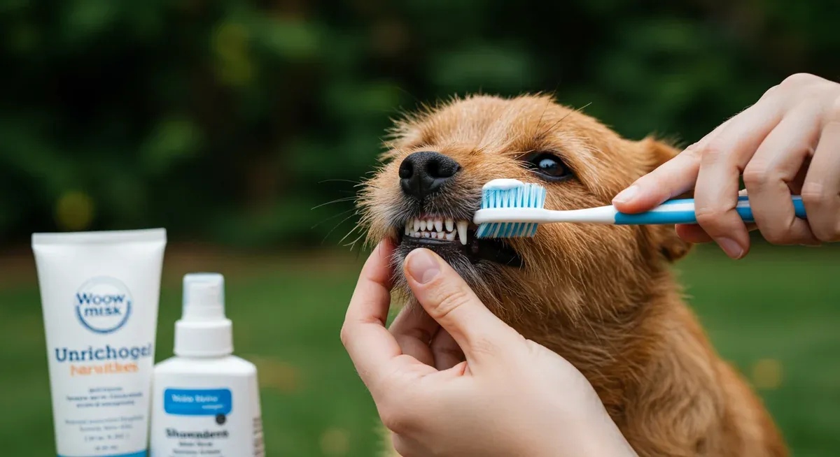 Norwich Terrier receiving daily dental care with proper toothbrush and dog toothpaste, illustrating essential preventive dental hygiene for the breed