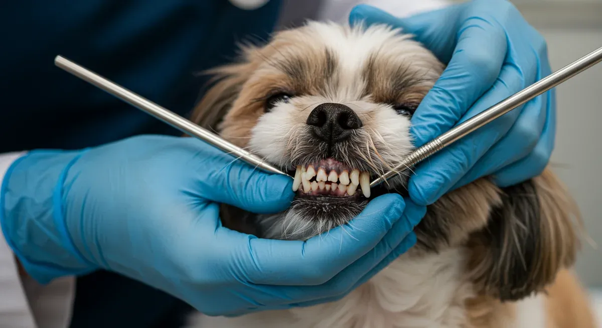 Veterinary dental examination of a Shih Tzu showing the breed's characteristically crowded teeth and small mouth structure that can contribute to sneezing issues