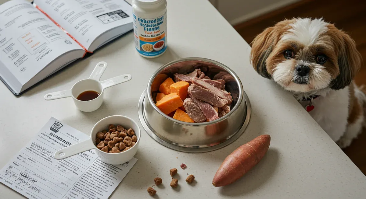 Elimination diet meal preparation showing measured portions of novel proteins like duck and sweet potato in a bowl with measuring tools and food diary