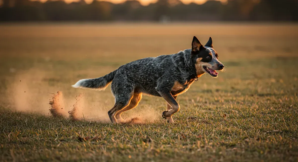An active Blue Heeler running across Australian grassland, demonstrating the vigorous daily exercise essential for the breed's health and longevity