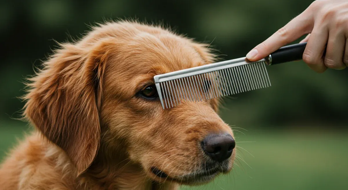 A dual-length metal comb with wide and narrow teeth being used to check for remaining tangles in a Labradoodle's coat after slicker brushing, demonstrating the final step in proper grooming