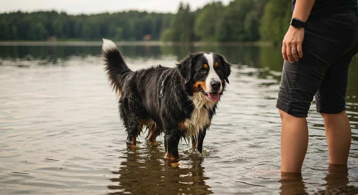 A Bernese Mountain Dog carefully entering shallow water for the first time with owner support, demonstrating the gradual introduction method for swim training