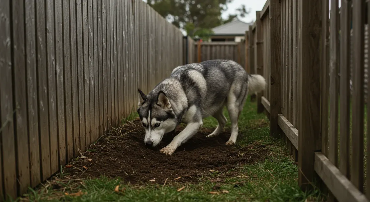 Siberian Husky digging along fence line attempting to escape, demonstrating the breed's notorious escape artist tendencies