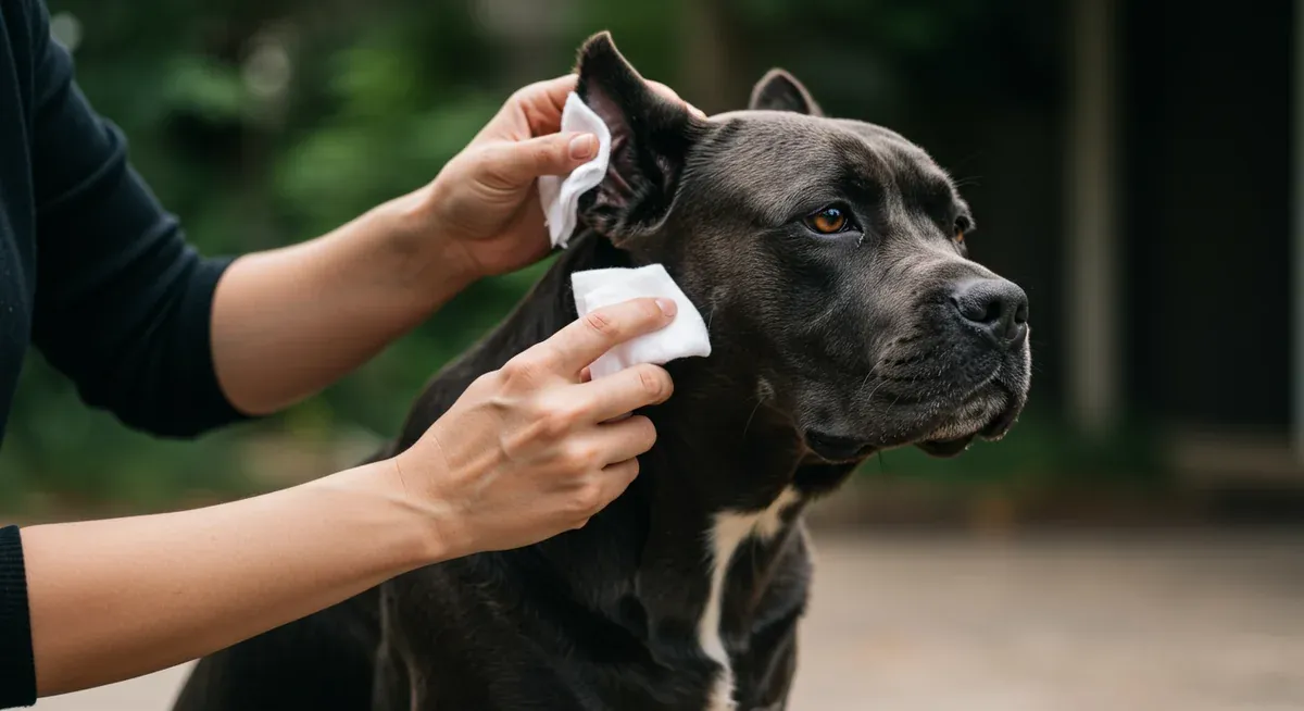 Demonstration of proper ear cleaning technique on a Cane Corso using veterinary ear cleaning solution and gauze