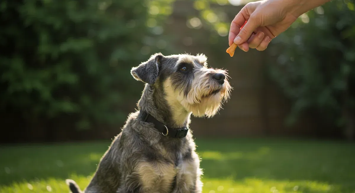 Mini Schnauzer receiving a treat reward from owner outdoors after successful elimination, illustrating the importance of immediate positive reinforcement in potty training