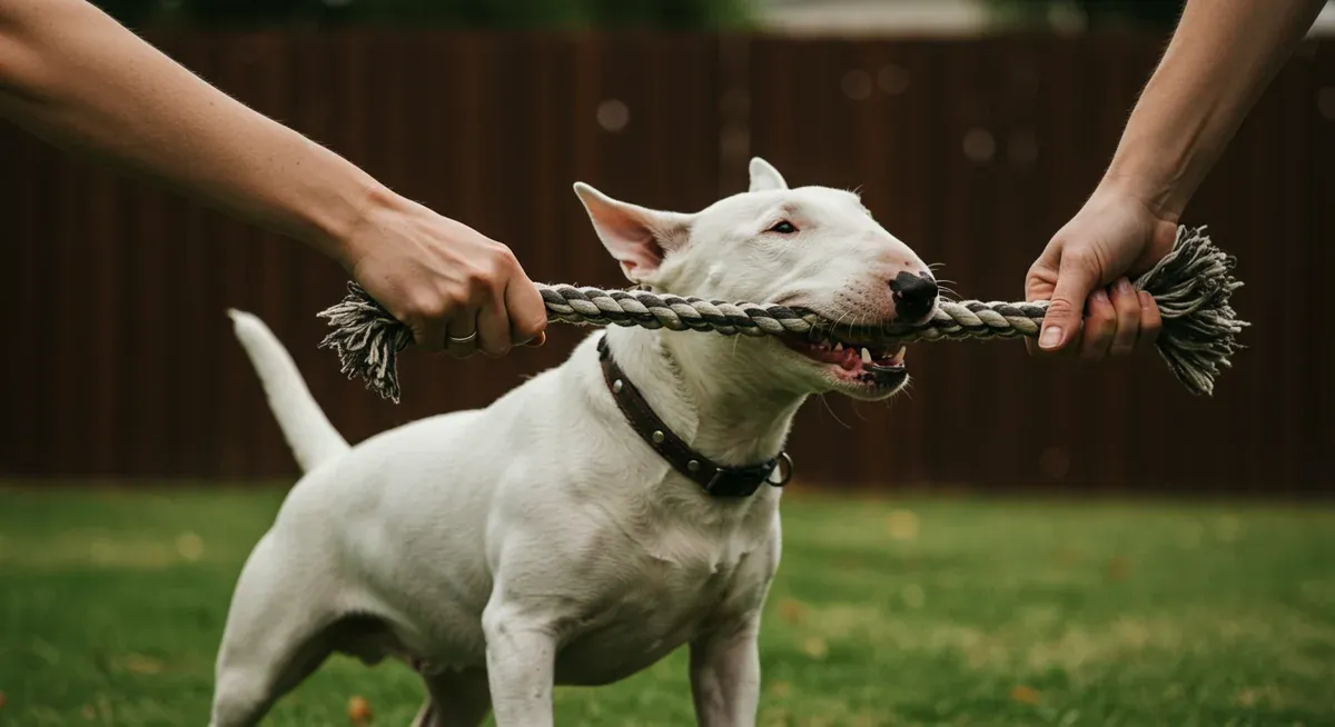 Bull Terrier playing tug-of-war with owner using a sturdy rope toy, demonstrating proper interactive play and bonding