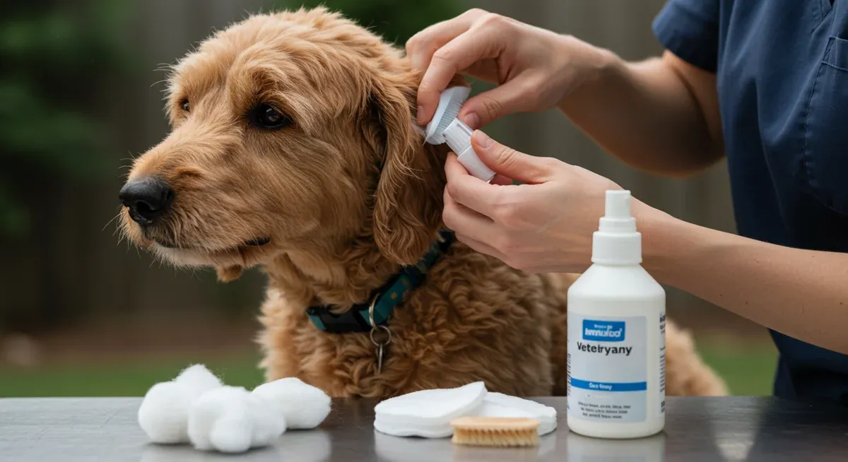 Demonstration of proper ear cleaning technique being performed on a Goldendoodle using veterinary-approved cleaning solution and cotton balls