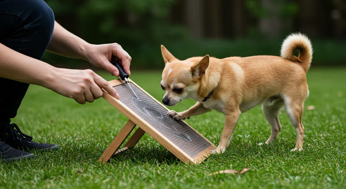A Chihuahua using a scratchboard positioned at 45-degree angle to naturally file their nails, showing the alternative training method for anxious dogs