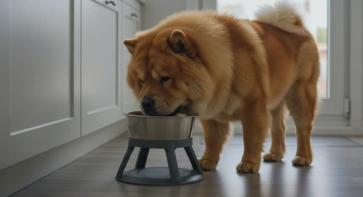A Chow Chow eating from an elevated bowl, illustrating proper feeding practices that can help prevent the serious condition of bloat in this breed