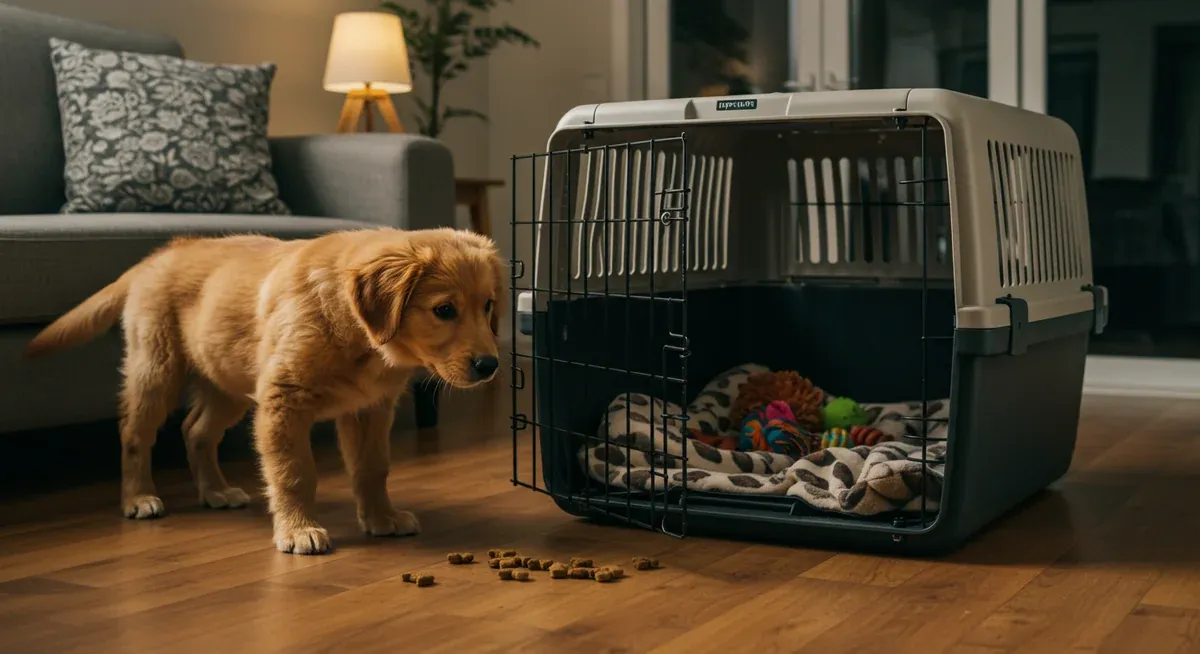 A Golden Retriever puppy exploring an open crate with treats placed inside, demonstrating the initial introduction phase of crate training with positive reinforcement