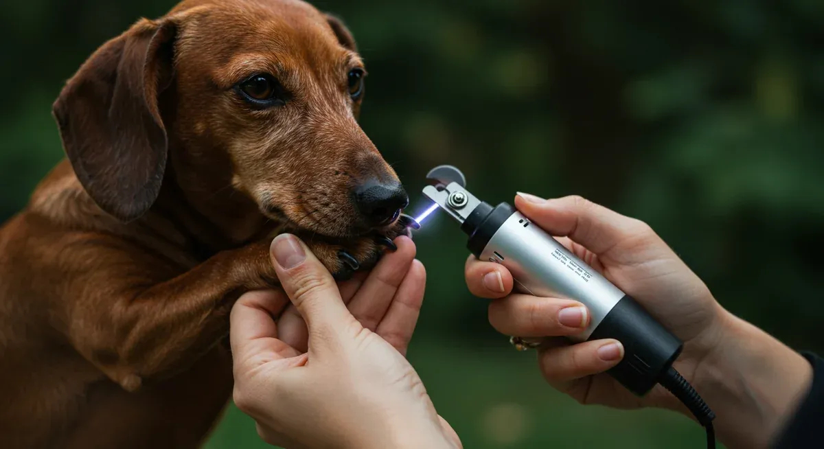 Close-up demonstration of proper nail trimming technique on a Dachshund's paw using LED nail grinder at correct angle