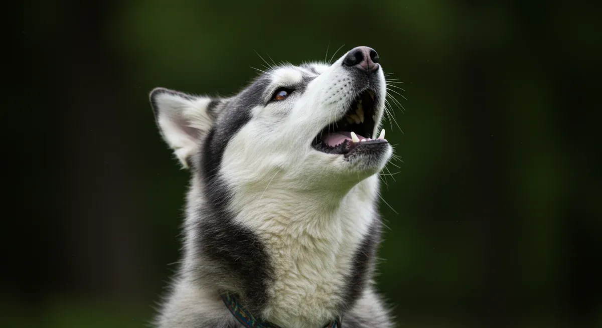 Siberian Husky with mouth open howling or vocalizing, illustrating the breed's characteristic vocal communication and 'talking' behavior