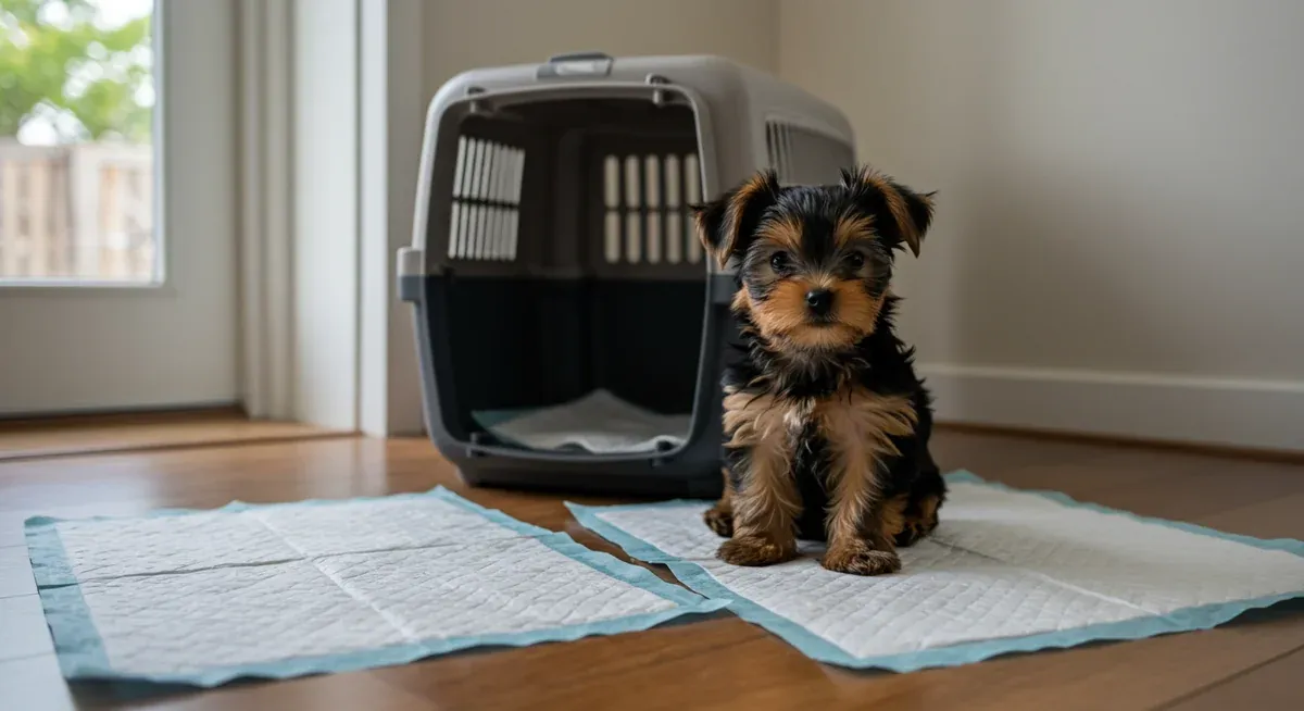 Yorkshire Terrier puppy with house training setup including pads and crate, illustrating the toilet training challenges specific to small breeds