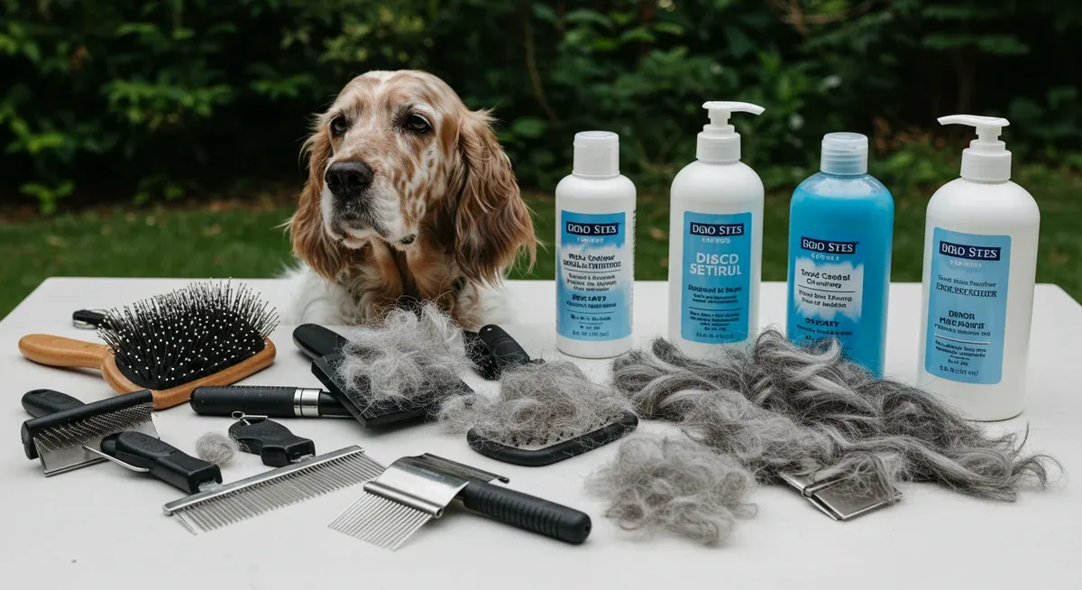 Collection of professional grooming tools and products specifically designed for managing English Setter shedding and coat care