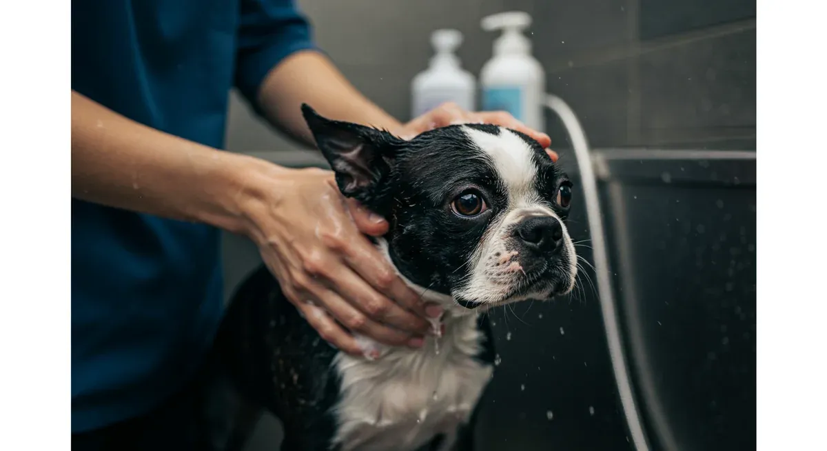 Boston Terrier receiving a gentle bath with hypoallergenic shampoo as part of skin care routine for managing allergies