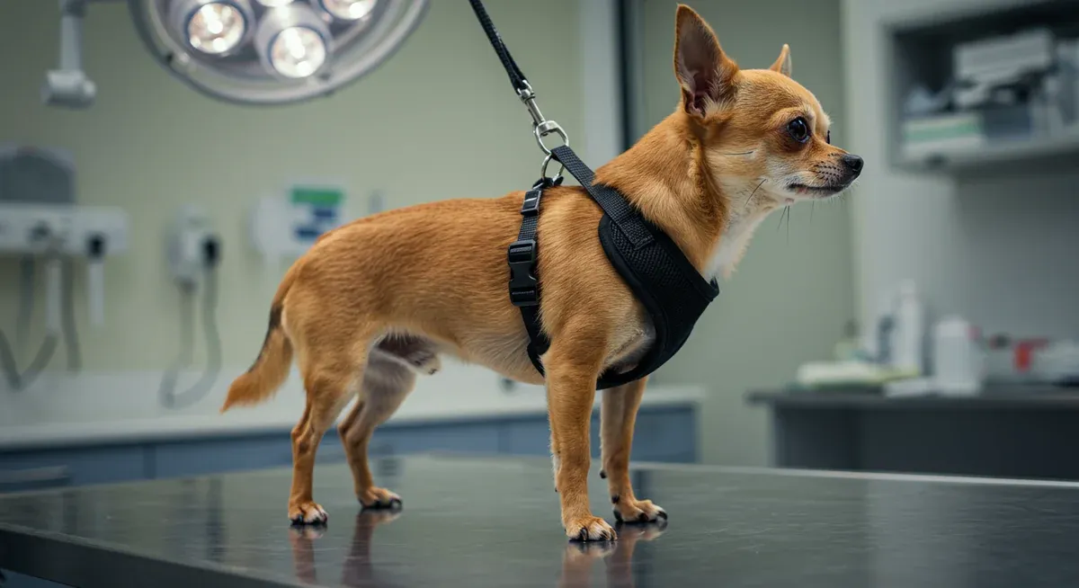 Chihuahua wearing a chest harness to prevent tracheal pressure, illustrating proper management for dogs with tracheal collapse