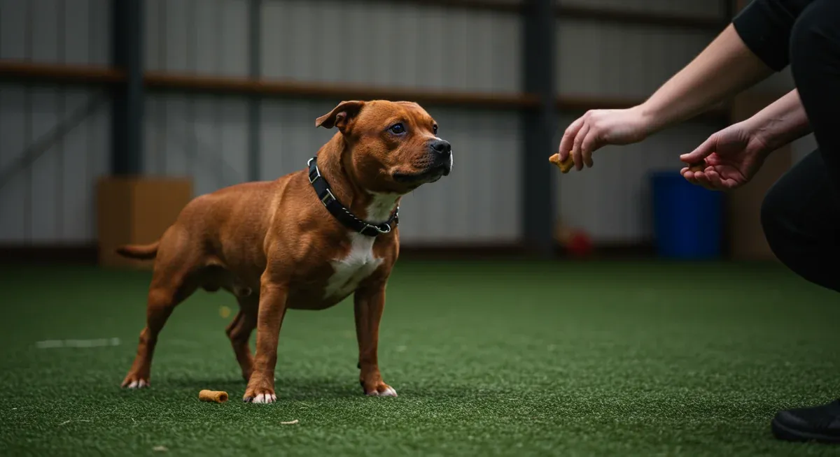 A Staffordshire Bull Terrier engaged in positive reinforcement training with their owner, demonstrating the breed's intelligence and responsiveness to consistent, reward-based methods