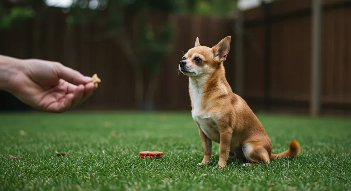 A Chihuahua engaged in positive reinforcement training, showing the attentive and intelligent expression that makes this breed responsive to reward-based training methods