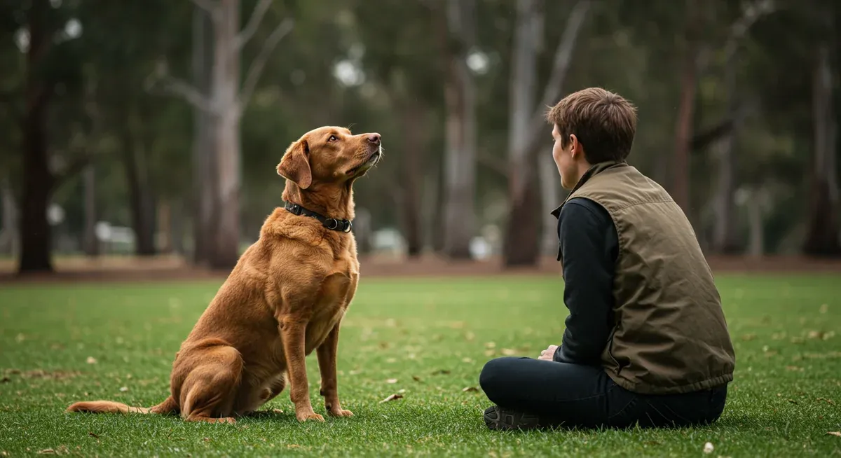 A Chesapeake Bay Retriever engaged in a positive reinforcement training session, illustrating the patient and consistent training approach that works best with this intelligent but independent breed.
