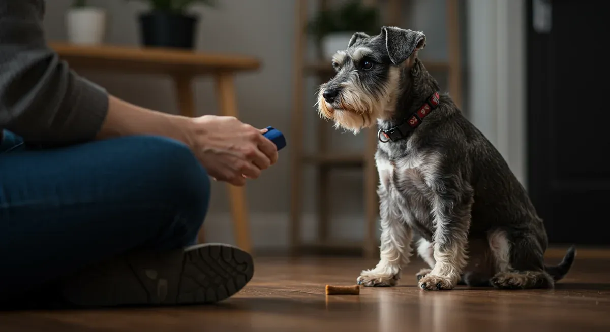 Mini Schnauzer engaged in a positive reinforcement training session with clicker and treats, illustrating the effective training methods discussed for this intelligent breed